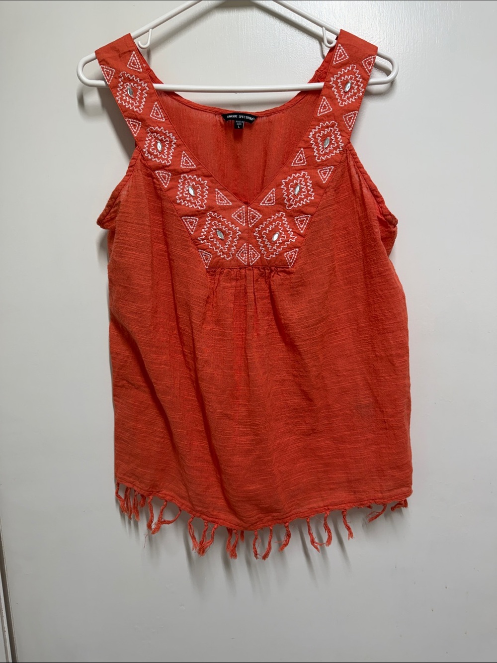 Unique Spectrum Orange Embroidered Fringe Tank Top